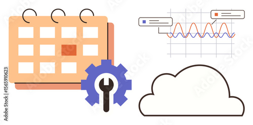 Calendar and gear for planning, chart tracking performance, cloud for storage. Ideal for productivity, analytics, technology, project planning, task management scheduling and teamwork. Simple flat