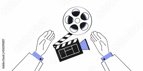 Hands with Film Reel and Clapperboard Illustration for Filmmaking and Video Production