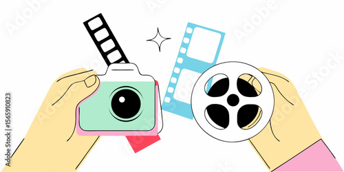 Hands Holding Camera, Film Reel, and Film Strip Illustration for Photography and Filmmaking