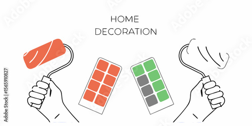 Hands Holding Paint Rollers and Color Palettes Illustration for Home Decoration and Renovation