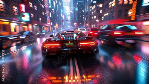 A car chase scene with a police car in the middle of the action. The police car is surrounded by other cars, and the scene is set in a city with bright lights and neon signs