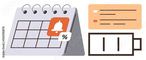 Desk calendar with alert icon, task list with priorities, and battery status. Ideal for productivity, deadlines, task management, reminders, organization, time management simple flat metaphor