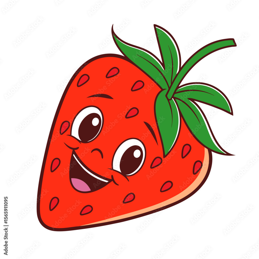 Obraz premium Flat Vector Illustration of a Cute Smiling Strawberry with a Cartoon Face