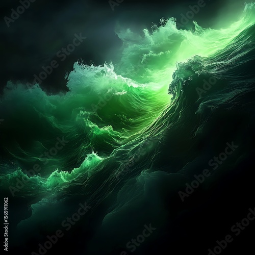 Bright neon green waves surging in a virtual ocean creating a hypnotic display of light and color across dark waters