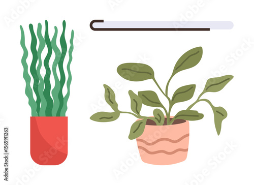 Two potted plants with vibrant foliage and a sleek grow light. Ideal for home decor, gardening, sustainability, minimalism, plant care, greenery, and modern interiors. Simple flat metaphor
