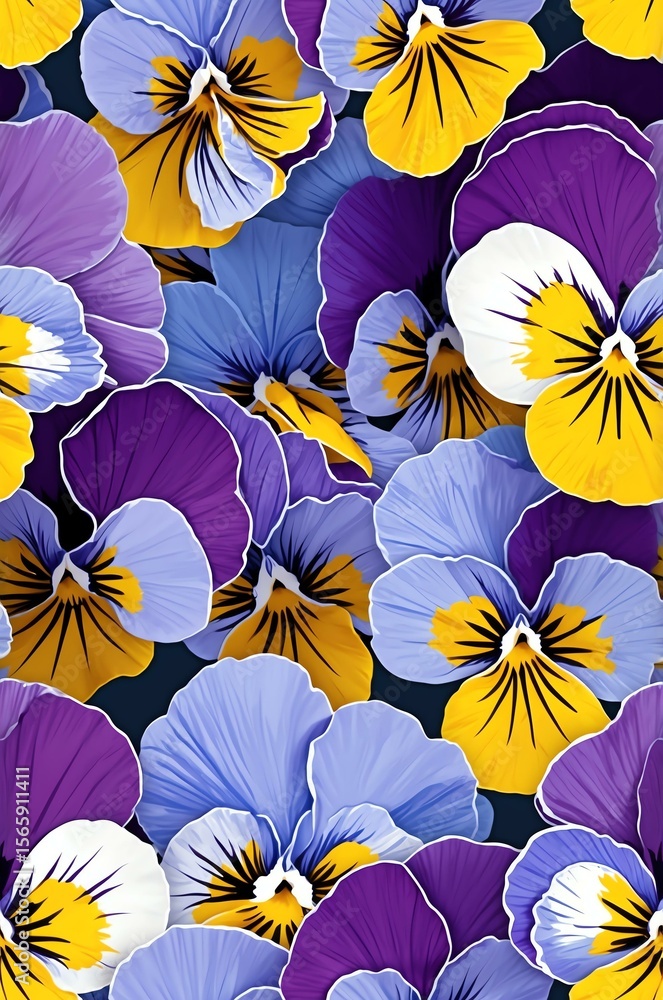 Naklejka premium Pansies on blue background cartoonish seamless pattern