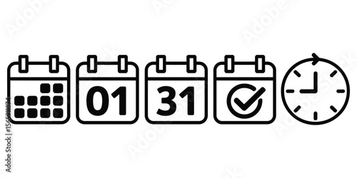 Calendar Icon Set Dates, Deadline, Checkmark and Clock on Transparent Background