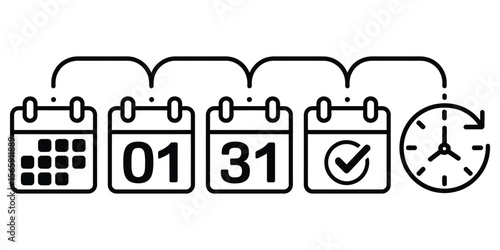 Calendar Event Deadline With Tick, First, Thirty First Date, Clock, Line Icon