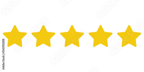Five Yellow Star Shapes Placed in a Row on a White Isolated Background