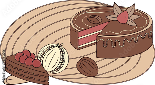 chocolate cake slice with cocoa and cherry