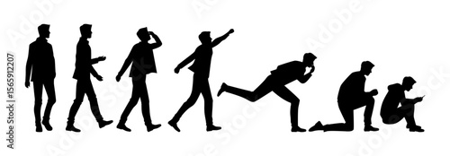 Set of male silhouette character poses expressing stress, confusion, anxiety, panic, and despair. Ideal for concepts like failure, financial loss, or emotional struggle.