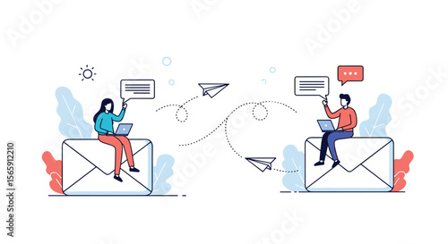 Illustrating digital communication between two people sending messages and emails across a network of connections