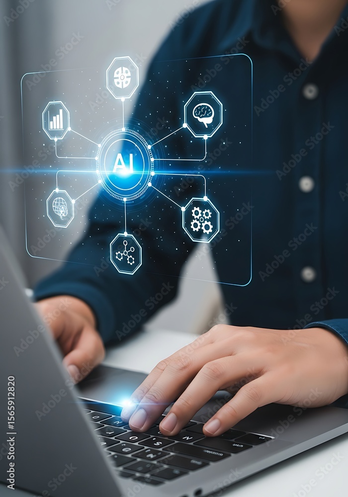 Person using laptop with artificial intelligence interface Person using laptop with artificial intelligence interface