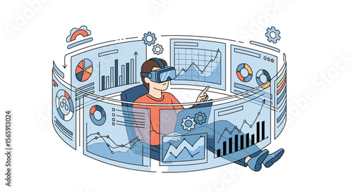 Immersive Virtual Reality Experience Analyzing Complex Financial Data and Business Performance Metrics in a Futuristic Environment
