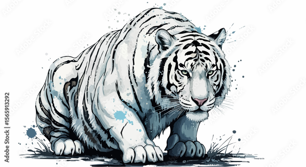 This white tiger exudes control and intensity, surrounded by cold ink shards in a modern minimalist style. Graceful and lethal. This white tiger exudes control and intensity, surrounded by cold ink shards in a modern minimalist style. Graceful and lethal.
