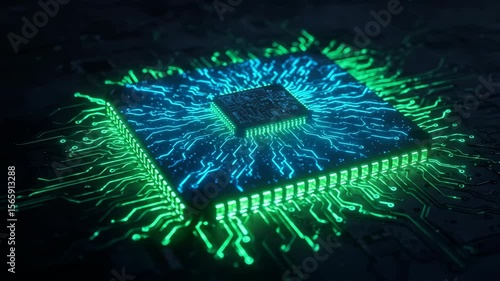 Glowing computer processor on circuit board