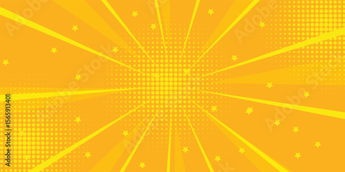 Bright Halftone Yellow Burst with Stars and Radiating Lines