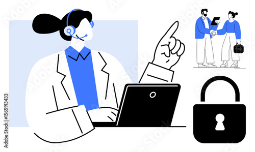 Woman using laptop and headset gesturing towards solutions, handshake symbolizing teamwork, and secured lock. Ideal for communication, customer support, teamwork, security, remote work, business