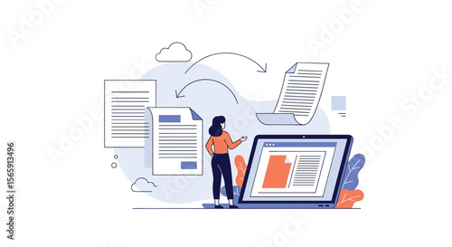 Illustrating a Woman Organizing Digital Documents and Information for Efficient Workflow Management and Data Processing