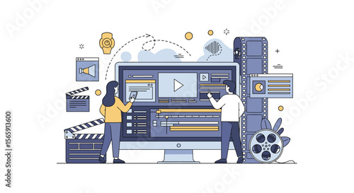 Creative Professionals Collaborating on Digital Video Editing Project Using Advanced Software Interface on a Large Computer Screen for Engaging Content Creation and Production