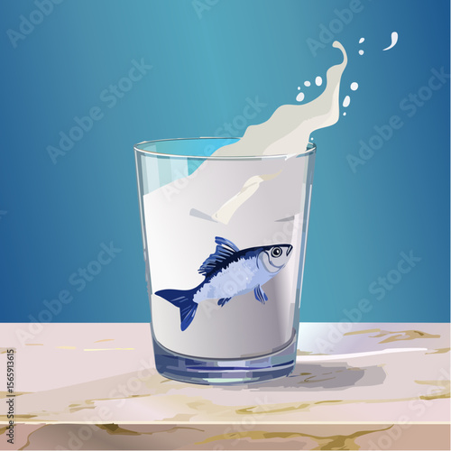 A surreal vector of a silver fish swimming through a glass of milk atop a marble table. Painterly softness and gentle contrast enhance its calm and curious feel.