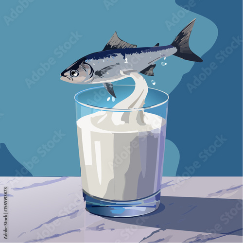 A surreal vector of a silver fish swimming through a glass of milk atop a marble table. Painterly softness and gentle contrast enhance its calm and curious feel.