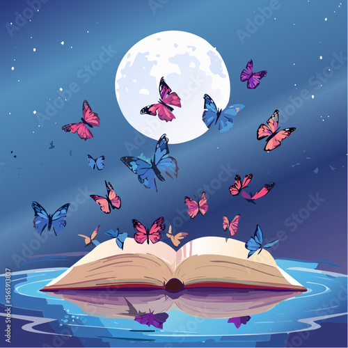 A surreal vector of an open book with butterflies flying out, resting on a moonlit pond. Painterly textures and a dreamlike glow create a peaceful yet mysterious scene.