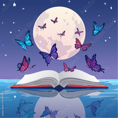 A surreal vector of an open book with butterflies flying out, resting on a moonlit pond. Painterly textures and a dreamlike glow create a peaceful yet mysterious scene.