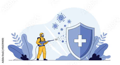 Expert in protective suit applying disinfectant spray to combat airborne viruses and protect shield symbolizing health and safety from infectious diseases