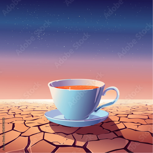 A glowing teacup floats above cracked desert earth at twilight. Surreal and calm, this vector combines soft glow, painterly textures, and peaceful contrast in a dreamlike still life.