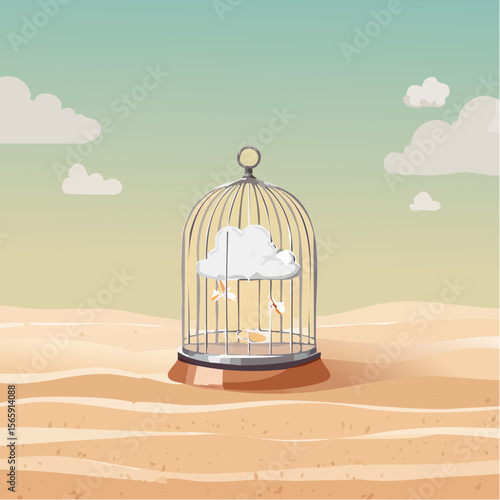 A surreal vector of a tiny storm cloud trapped inside a glass birdcage resting over velvet sand. Dreamlike textures and peaceful contrast create a sense of calm tension and beauty.