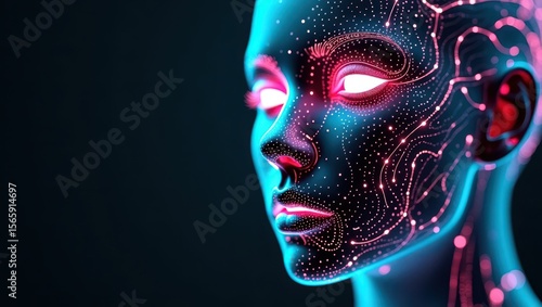 A highly detailed, futuristic digital AI face, bathed in vibrant, electric neon green and purple hues, with intricate, swirling patterns of light accents that evoke the advanced neural networks and pr