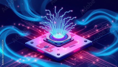 A futuristic, high-tech illustration of a generative AI system creating digital content, with glowing blue circuits and wires forming a creative vortex on a sleek, metallic processor chip, surrounded 