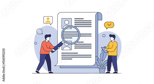 Examining candidate resumes with magnifying glass and speech bubbles for interview process analysis
