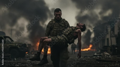 Two soldiers carrying a wounded comrade in battle