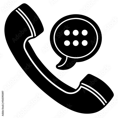 Black silhouette of a classic telephone handset with a speech bubble containing dots