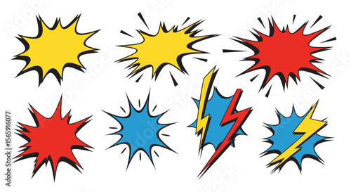 Illustration showcasing comic book style bursts and lightning bolts in vibrant colors and black outlines