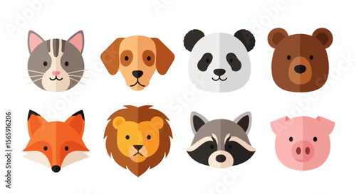 Illustration showing the heads of a cat, dog, panda, bear, fox, lion, raccoon, and pig
