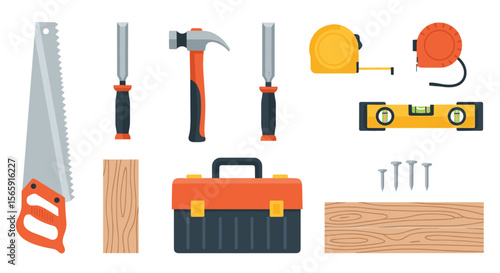 Illustration of carpentry tools including a saw hammer and toolbox on a white background