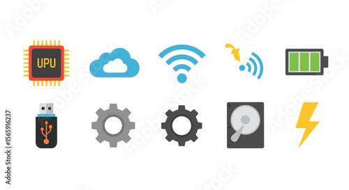 Illustration showing a variety of computer and technology related icons on a white background