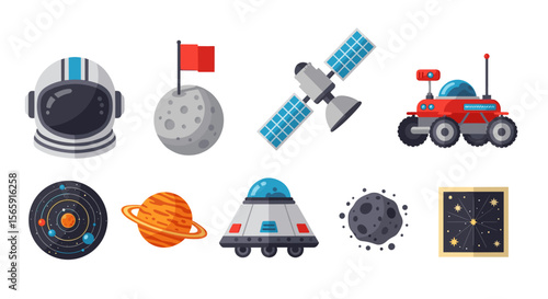 Collection of space exploration elements including astronaut helmet and solar system view