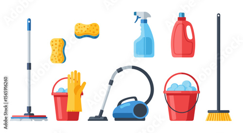 Illustration of various cleaning supplies including mops, buckets, and a vacuum cleaner