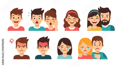 Illustration showcasing various human emotions through facial expressions and pairings of people