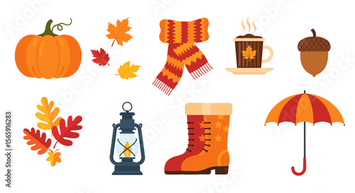 A collection of autumn themed items including a pumpkin, leaves, scarf, and umbrella