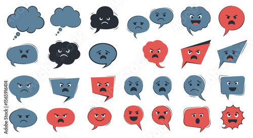 Collection of cartoon speech bubbles with various expressions in different shapes and colors