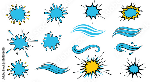Illustration of cartoon water splashes, waves, and starbursts with blue and yellow colors.