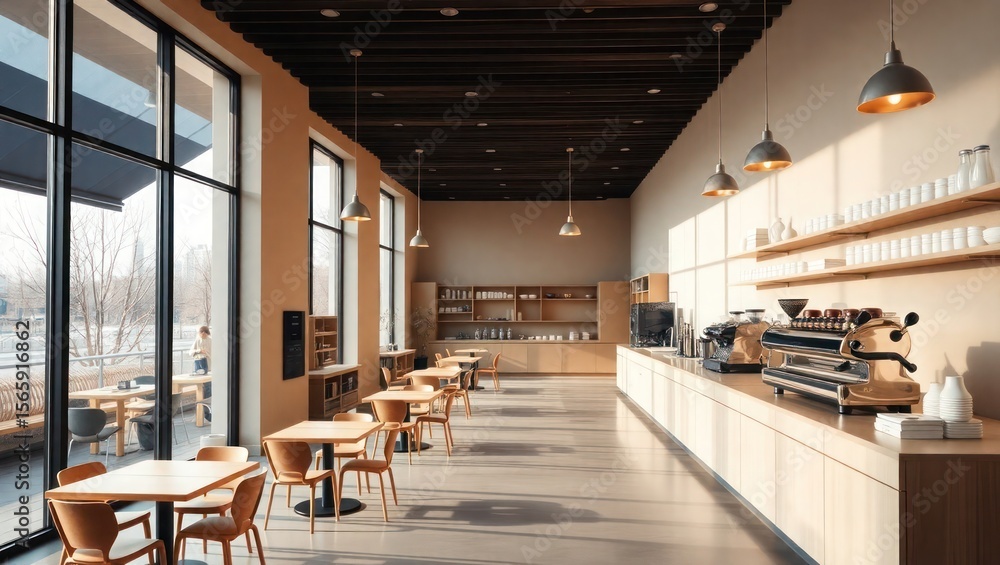 Obraz premium Interior view of a bright, modern cafe with tables, chairs, large windows, and a long counter with coffee equipment.