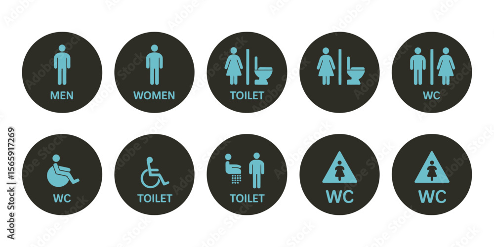 Male and female toilet icons, WC symbols, disabled, elevator, stairs public signage vector on white
Male and female toilet icons, WC symbols, disabled, elevator, stairs public signage vector on white