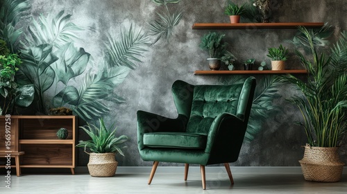 Modern lounge chair in a green jungle-themed room