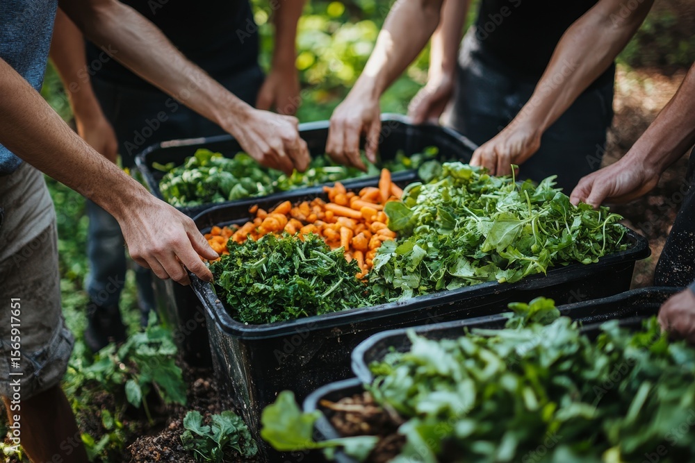 Food waste environmental concept: People discarding food waste into a bin, prepared for composting to promote sustainability, Generative AI Food waste environmental concept: People discarding food waste into a bin, prepared for composting to promote sustainability, Generative AI